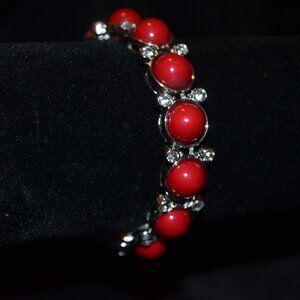 Vintage Dark Red Silver Tone Bracelet Elastic